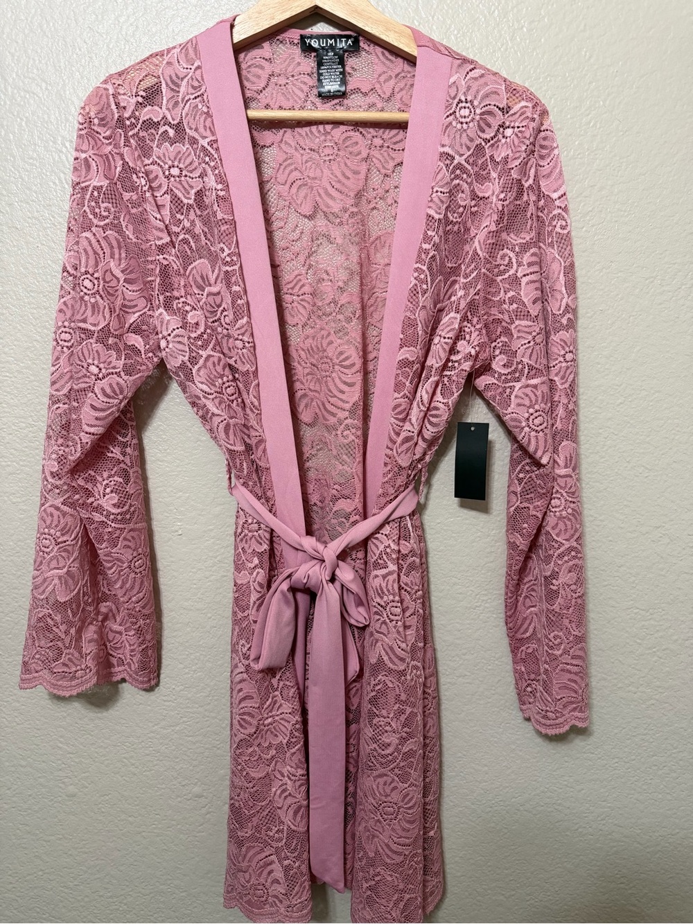 Youmita Dusty Rose Lace Robe with Tie Belt Size S Romantic